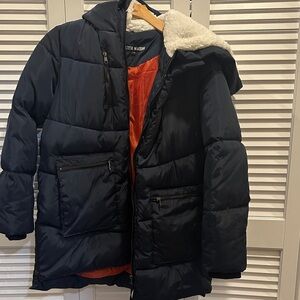 Steve Madden Navy Puffer Jacket with Vibrant Orange Lining and extension